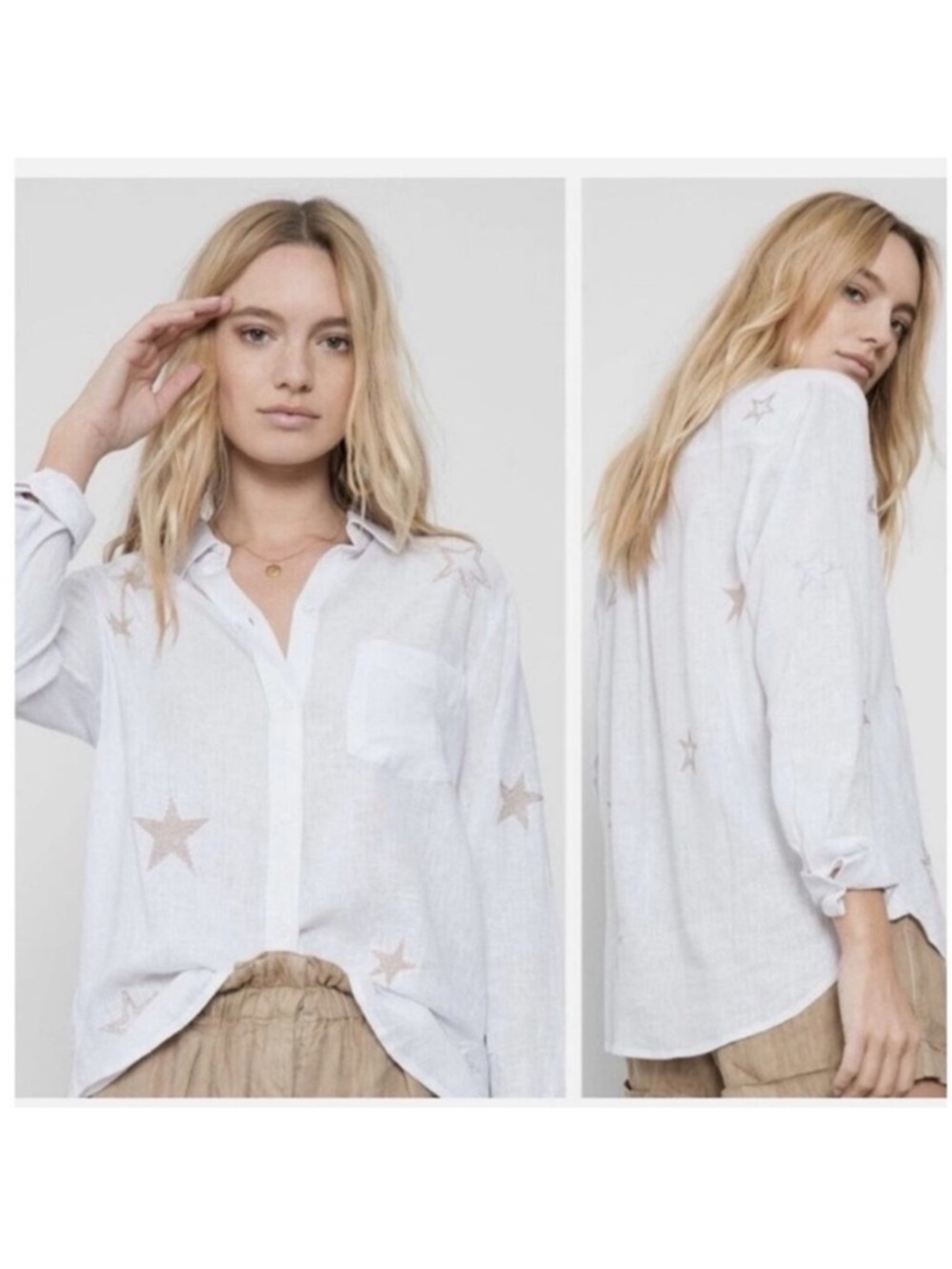 Rails Charlie Linen Blend White Gold Star-Print Button-Up Shirt XL - Picture 15 of 16